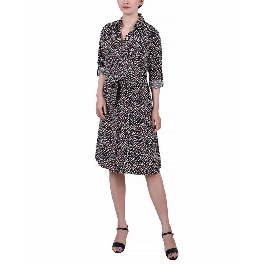 NY Collection Petite Printed Long Sleeve Roll Tab Shirtdress